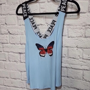 NWT No Boundaries Tank Top Juniors Sz L‎ (11-13) Blue Butterfly Peace Cross Back